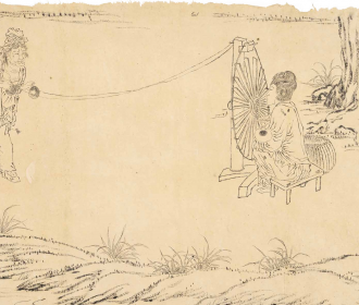 钩临白描纺车图